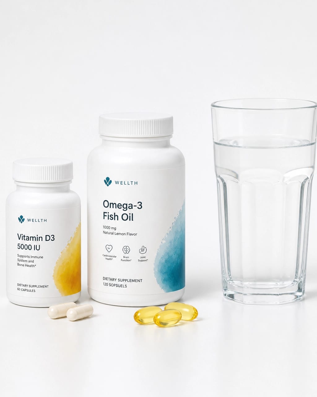 Supplement Bottles and Water Glass