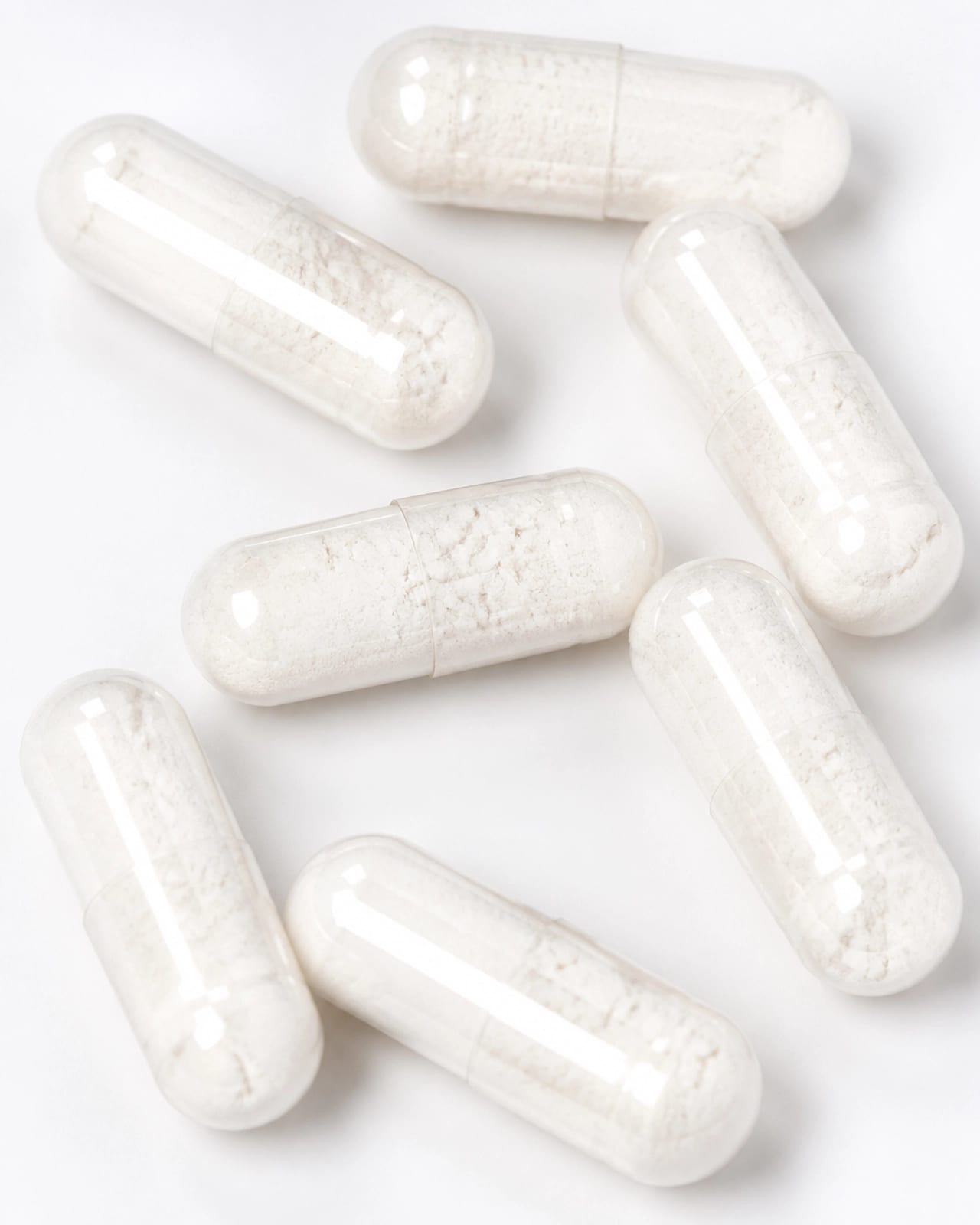 Close-up of clear supplement capsules showing pure L-Carnitine powder