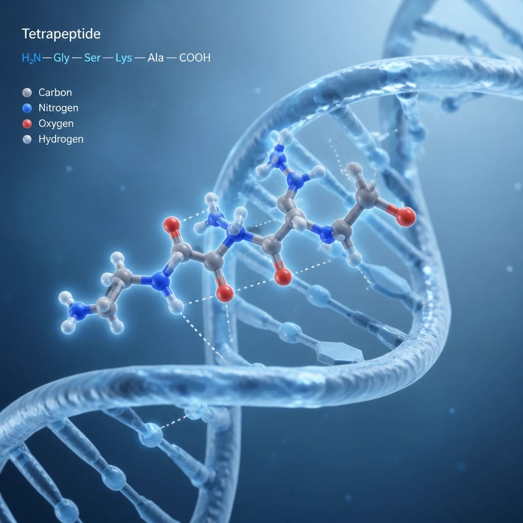 Abstract 3D render of a KEDG peptide chain interacting with a DNA strand