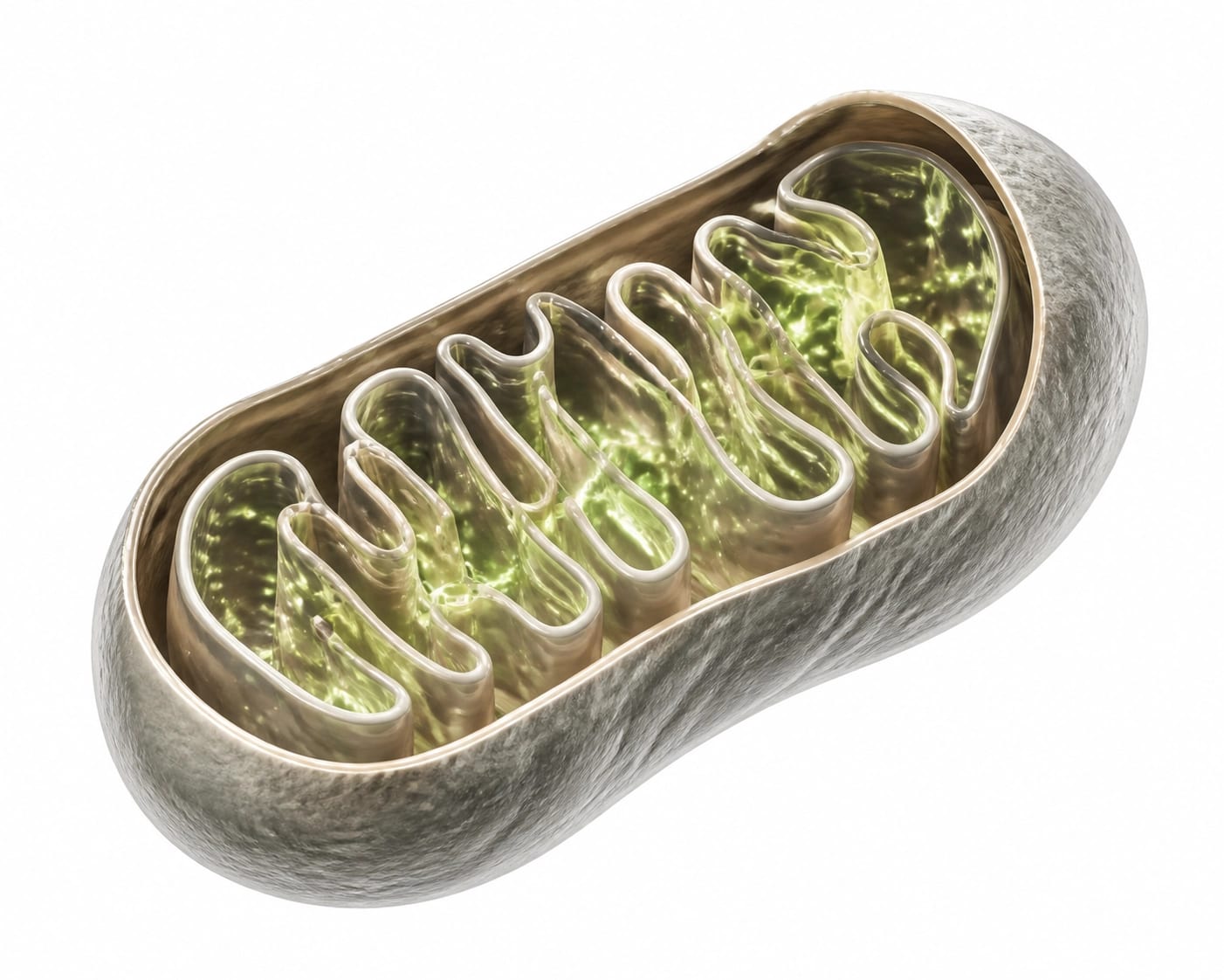 Scientific visualization of a glowing mitochondrion representing cellular energy