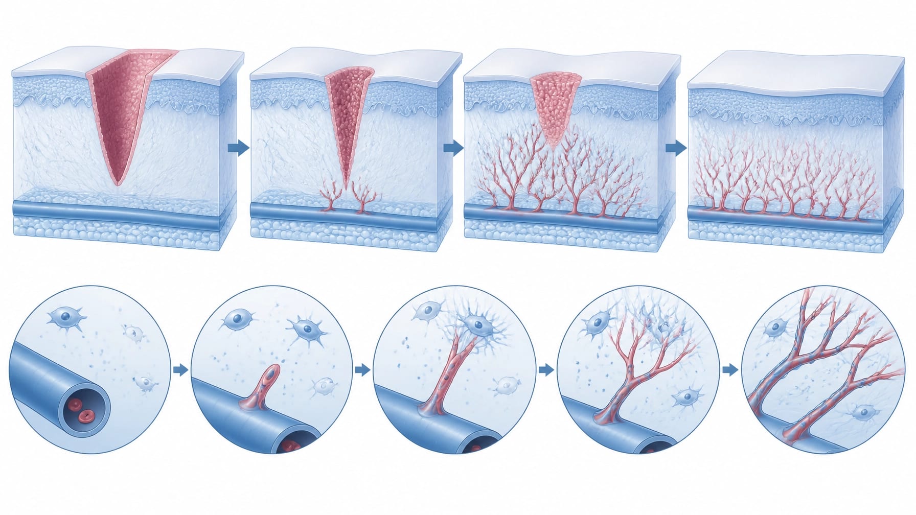 Stylized medical illustration of angiogenesis and new blood vessel formation