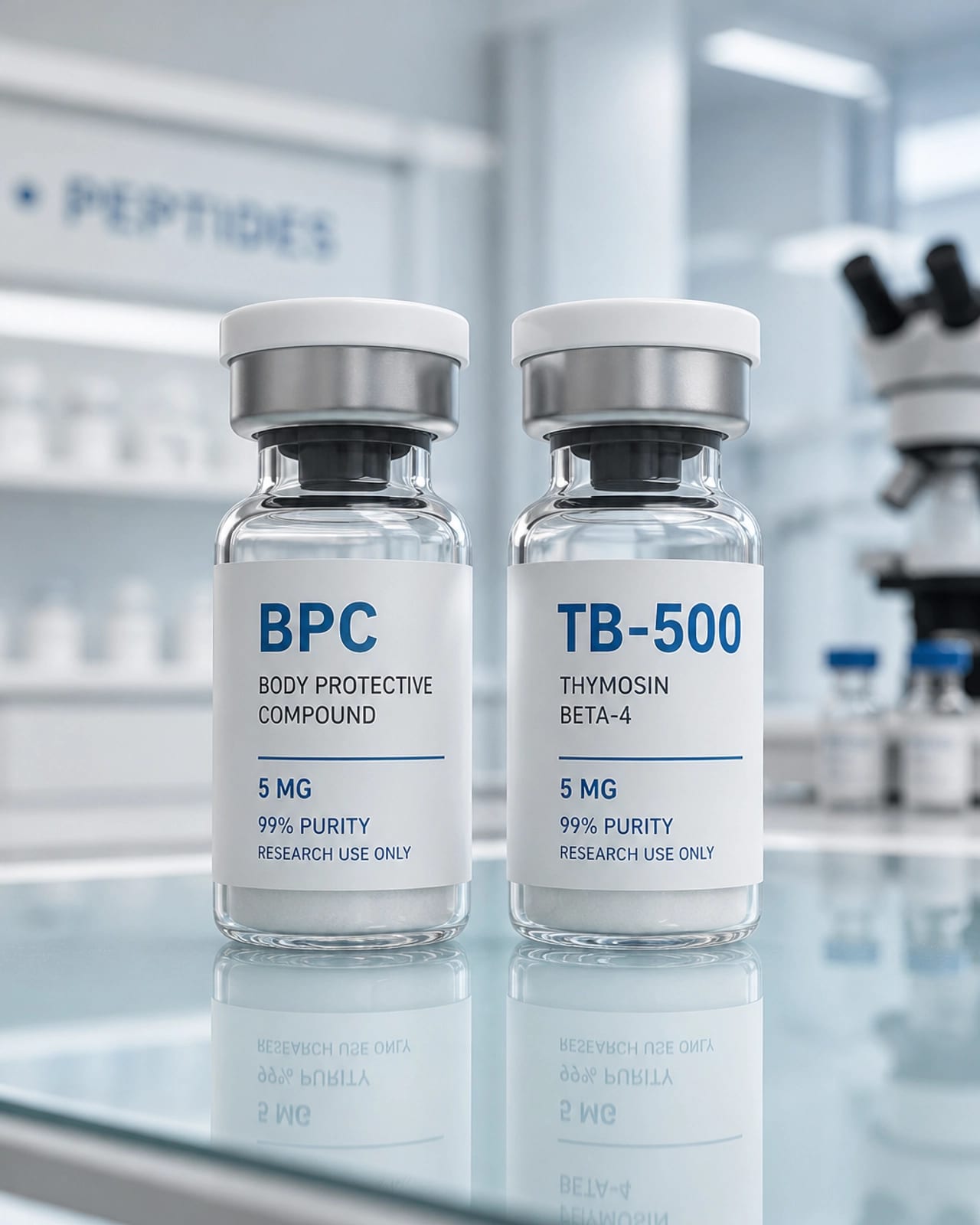 Close-up of BPC and TB-500 vials in a sterile setting
