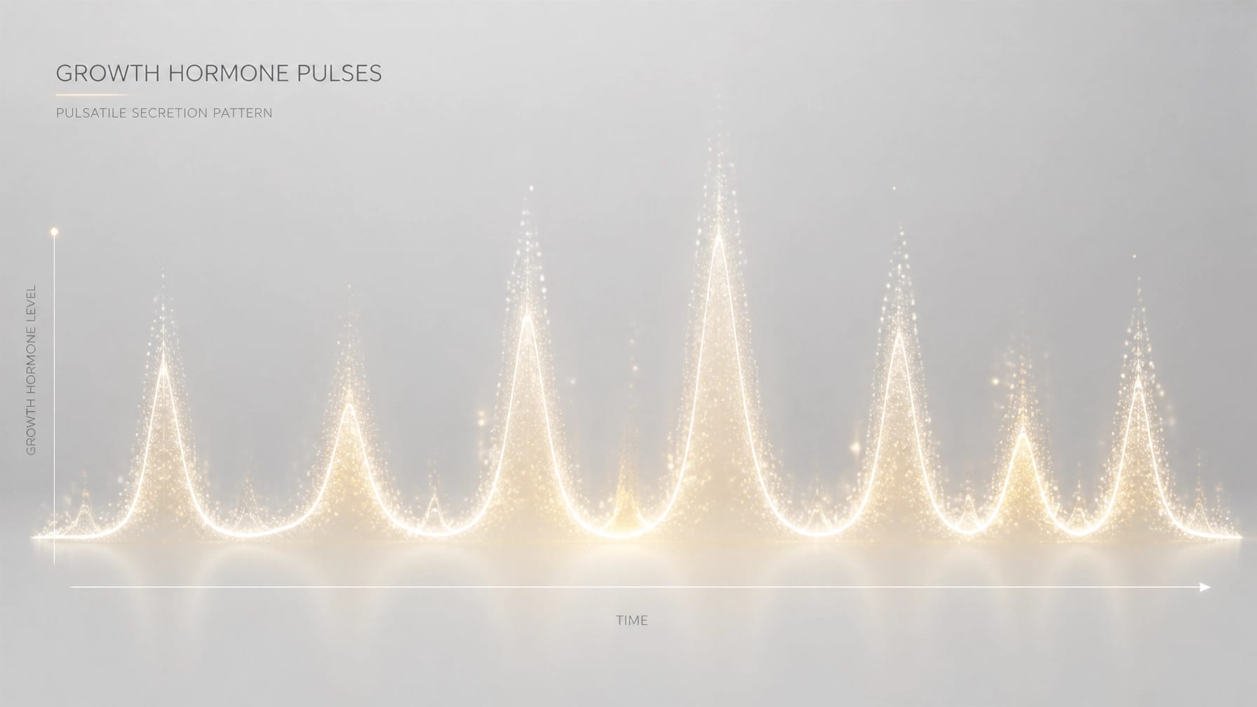 An abstract scientific visualization of growth hormone pulses, showing glowing wave patterns that represent the rhythmic release of hormones in the body.