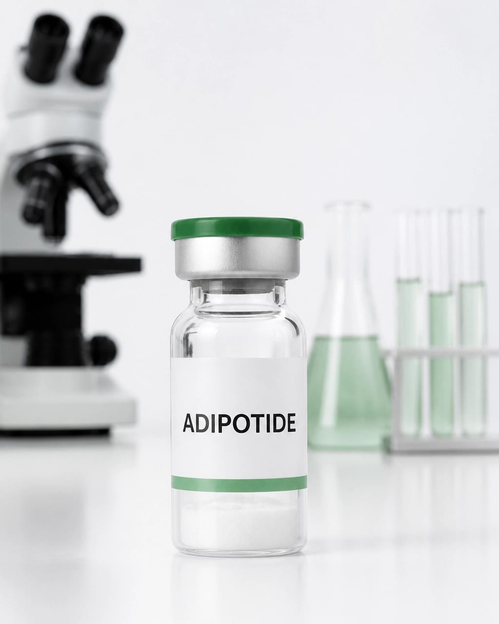 Adipotide research material shown beside a clean laboratory setting