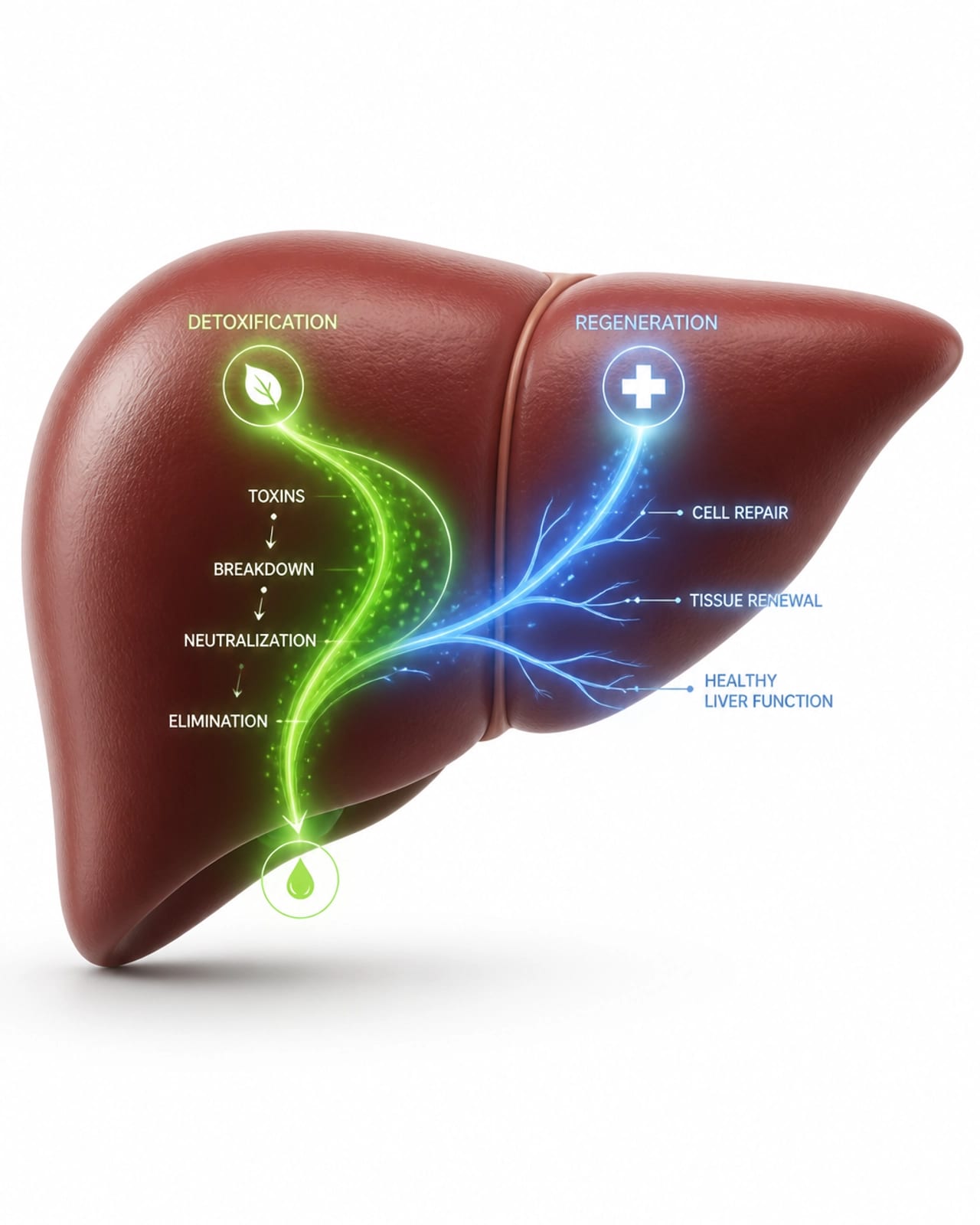 Minimalist illustration of a healthy liver with glowing regeneration pathways