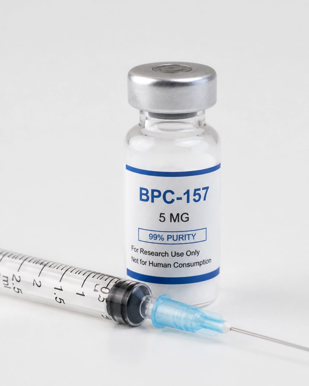 A professional medical syringe and peptide vial on a sterile white background