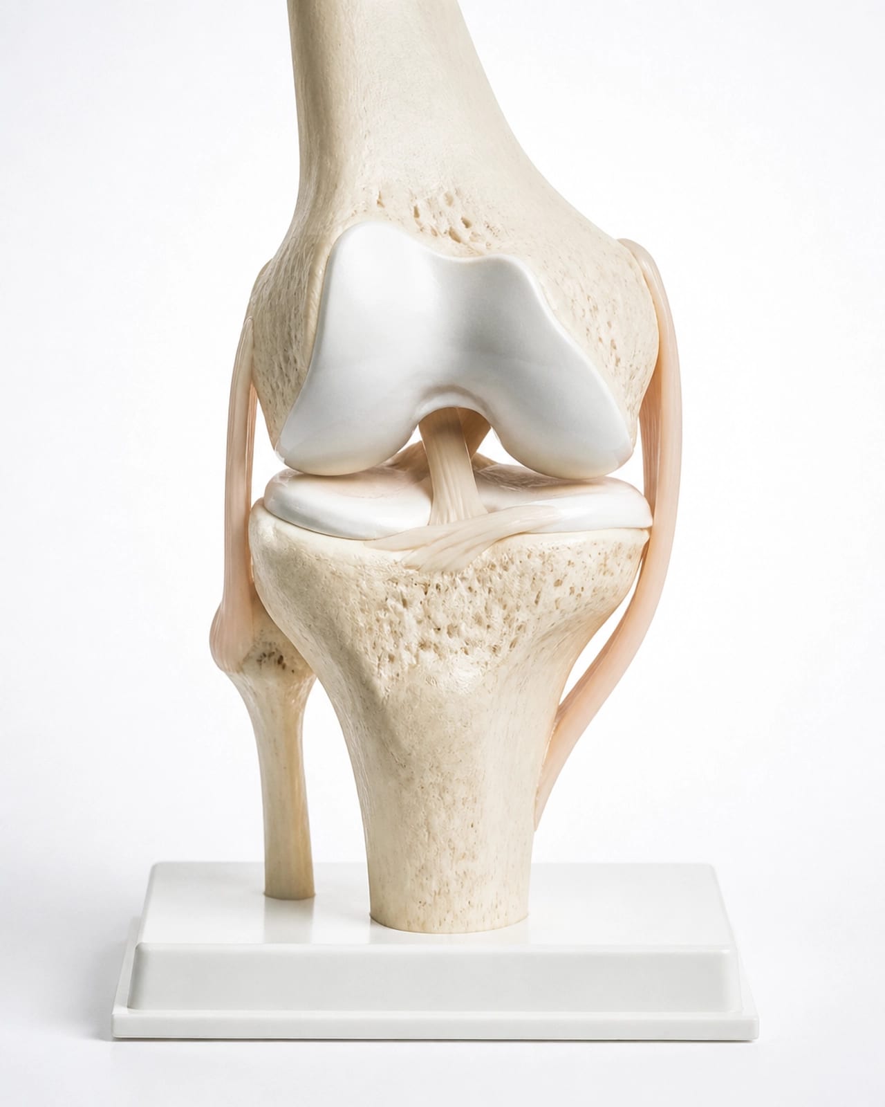 High-resolution clinical photography of a knee joint model highlighting cartilage layers