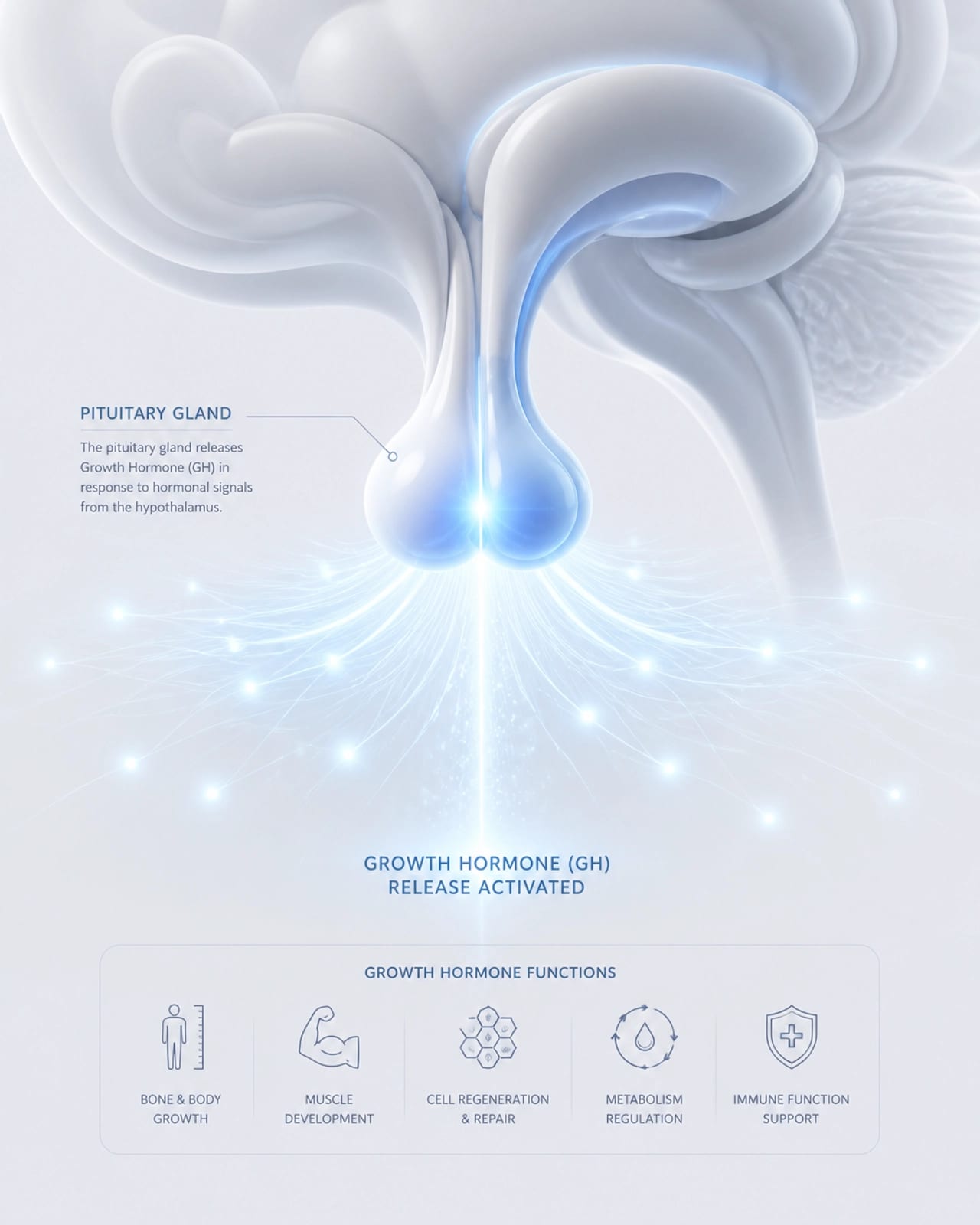 A clean, clinical illustration of a human pituitary gland with glowing energy pulses emanating from it.