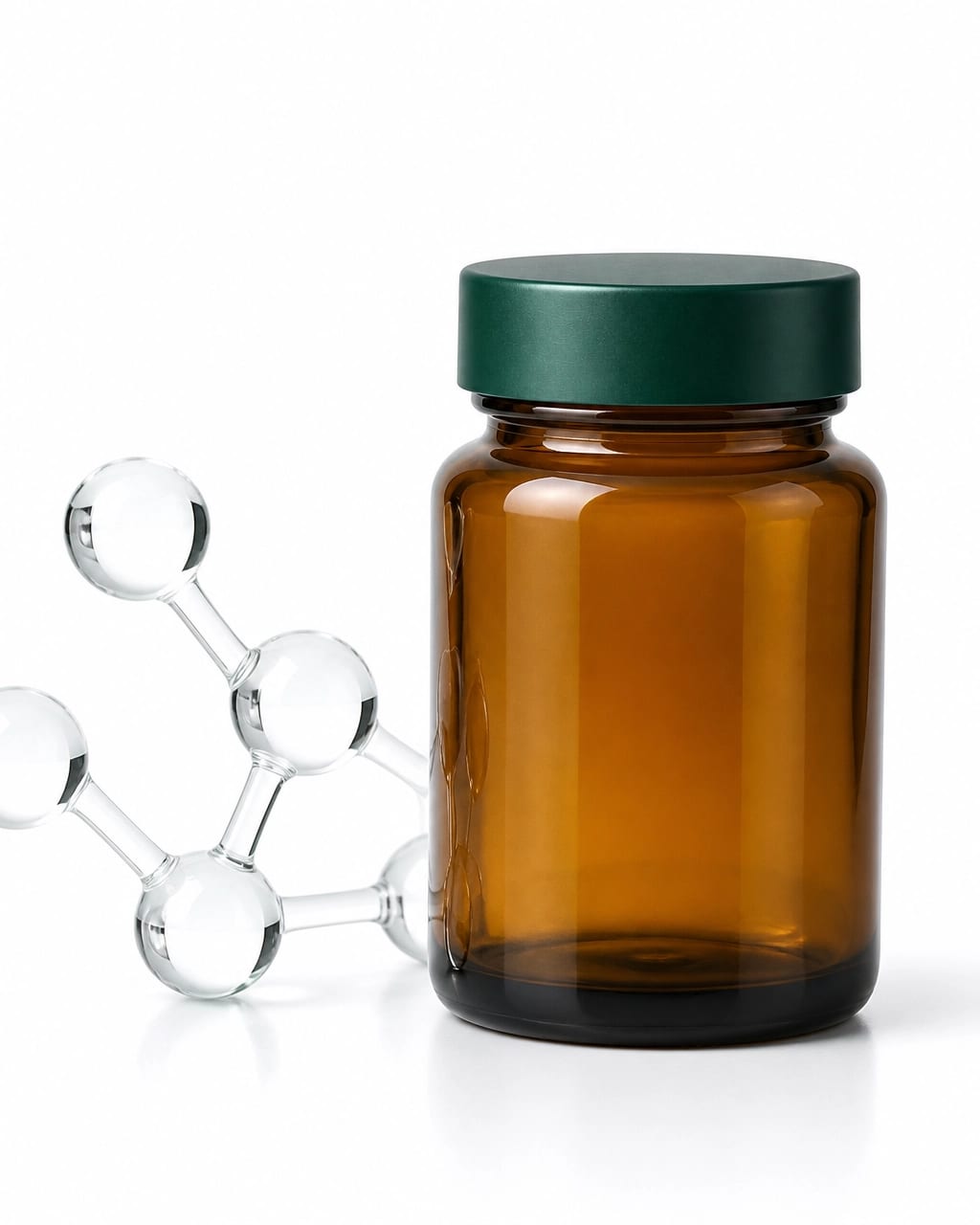 Laboratory research container and molecular model on a clean white background