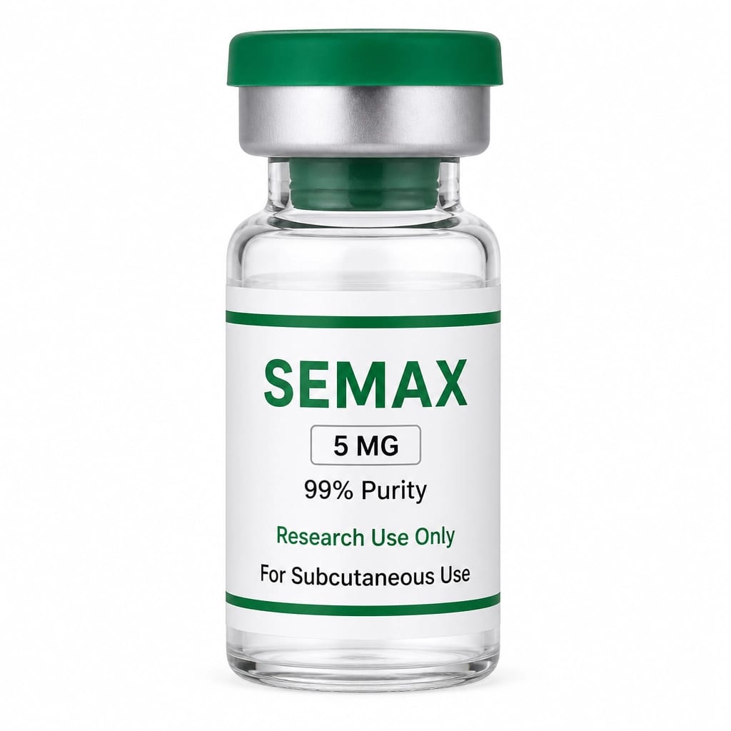 Realistic product photography of a Semax vial with a green cap