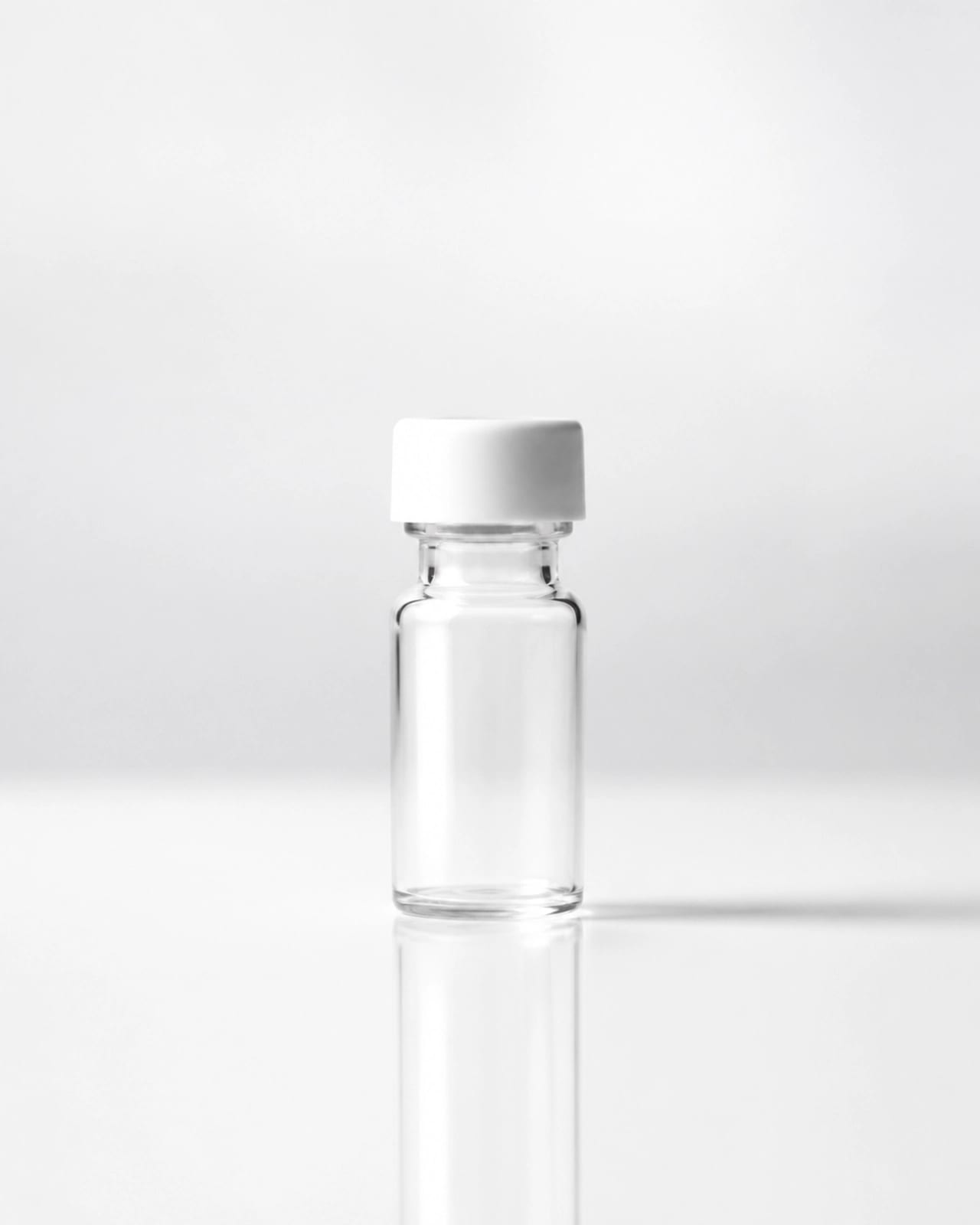 A small clear glass research vial with a white cap sitting on a polished white surface. Soft shadows, high-key lighting.