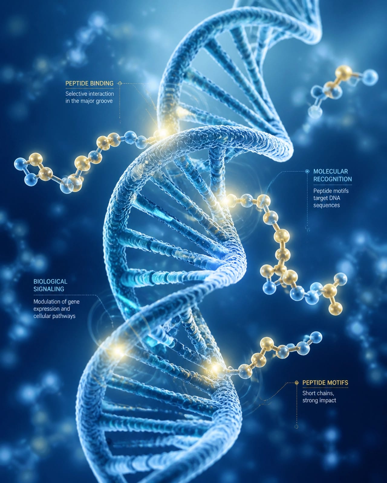 Abstract scientific illustration of short peptide chains interacting with DNA