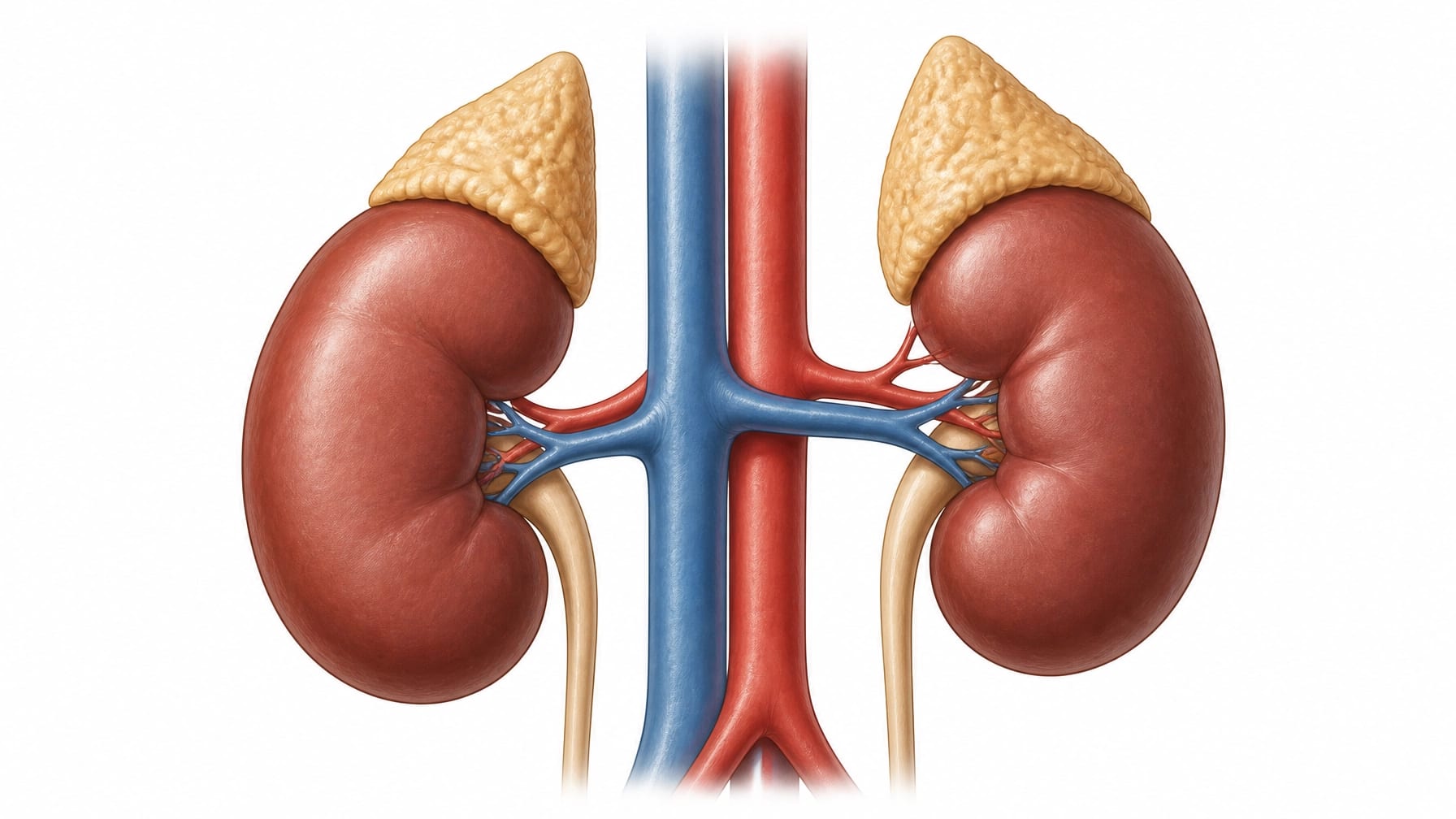 Realistic anatomical illustration of the human adrenal glands atop the kidneys