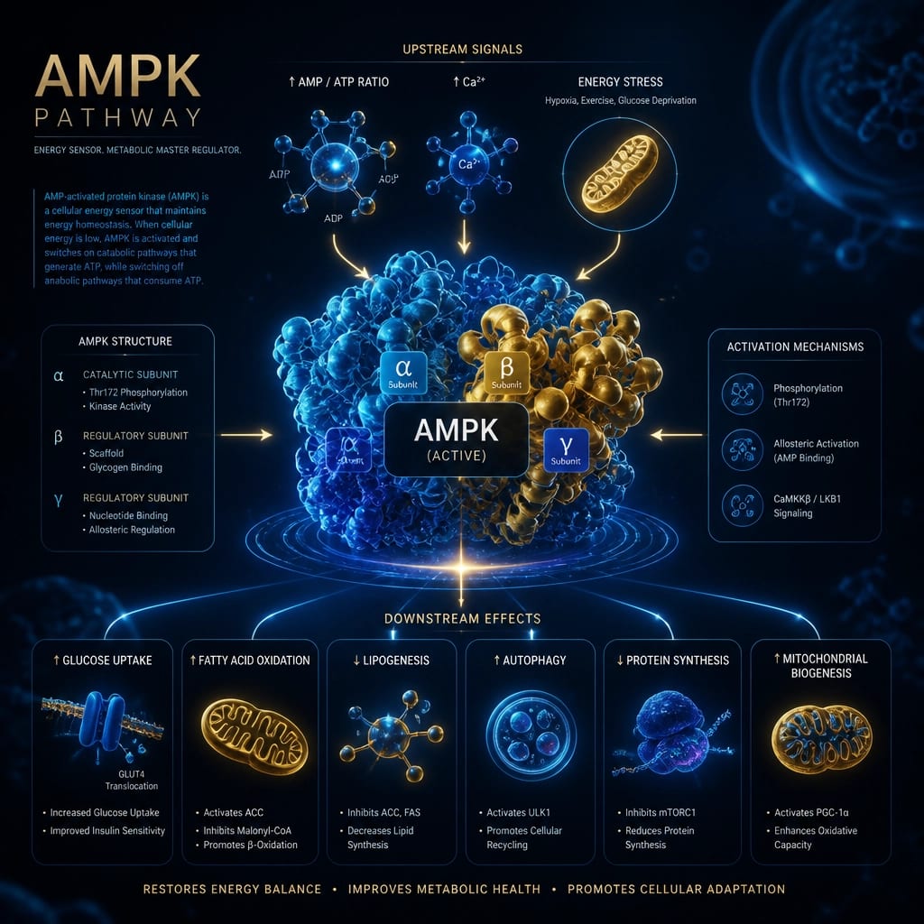 High-tech medical illustration of the AMPK metabolic pathway showing glowing blue and gold molecules.