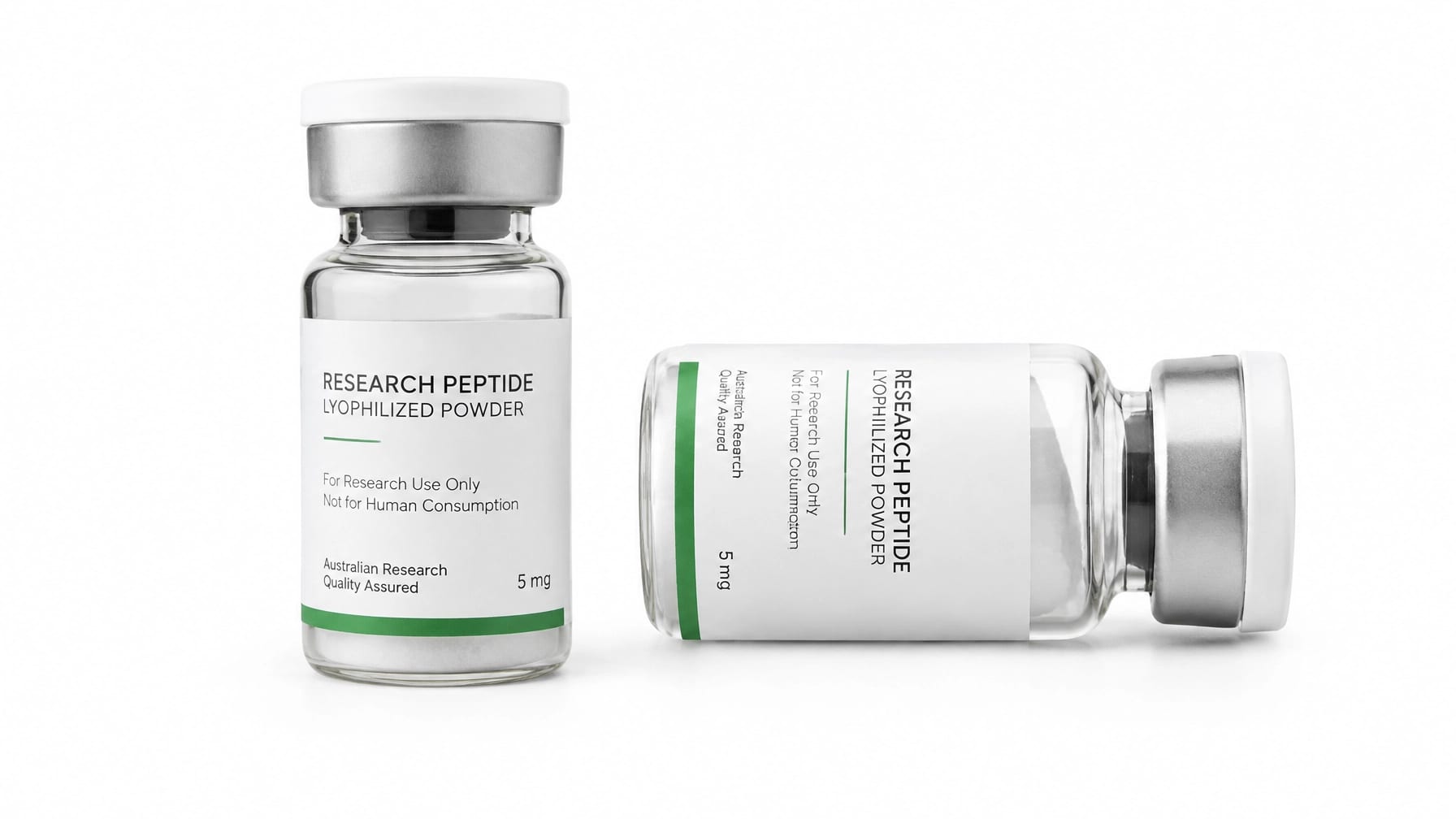 Two neutral research peptide vials photographed with clinical lighting