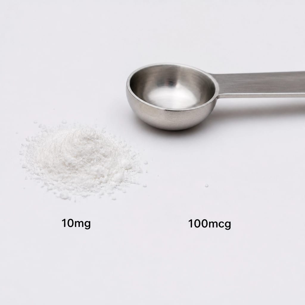 Illustration of the difference in scale between 10mg and 100mcg