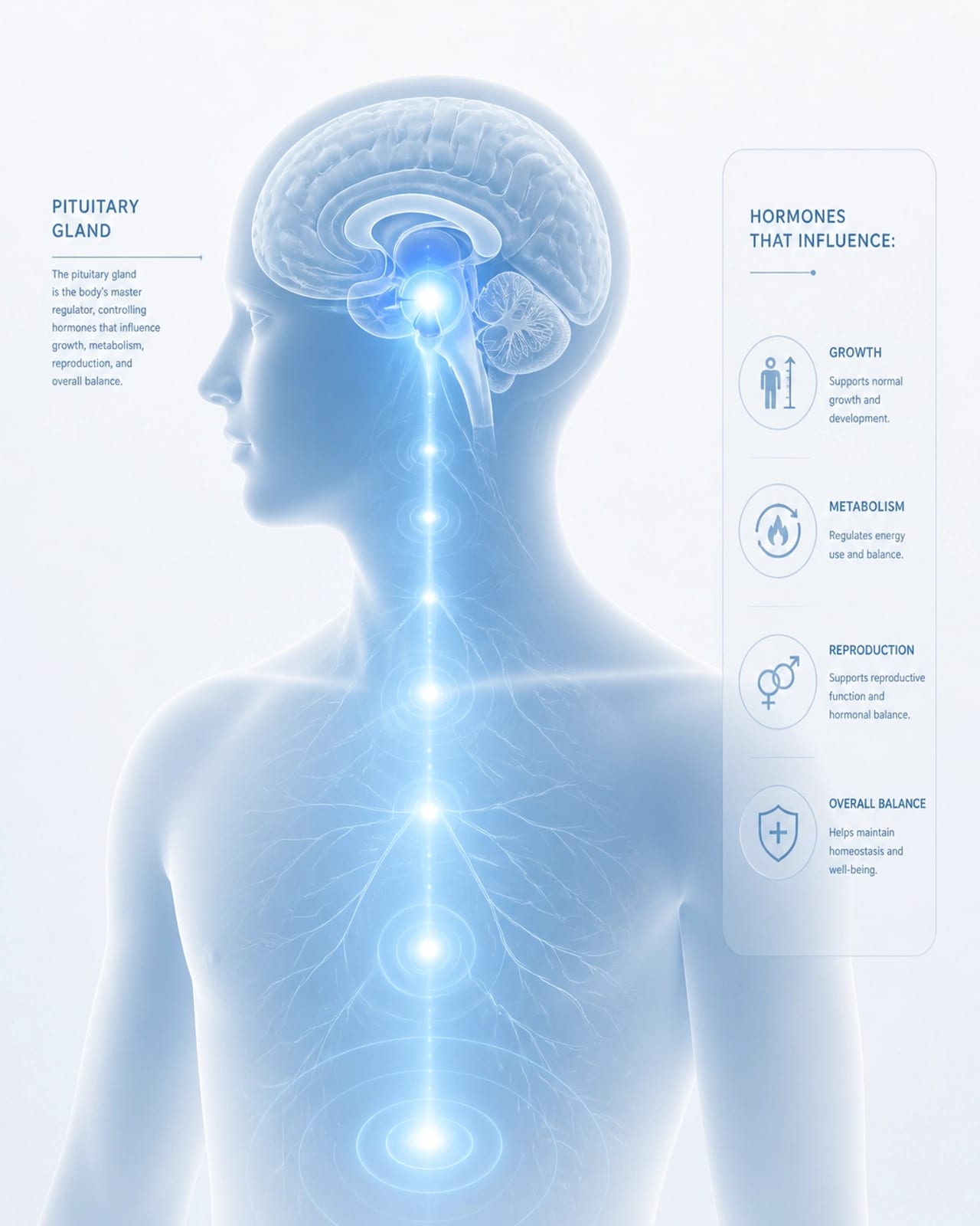 A conceptual scientific illustration of the human silhouette showing a glowing blue core in the pituitary gland.