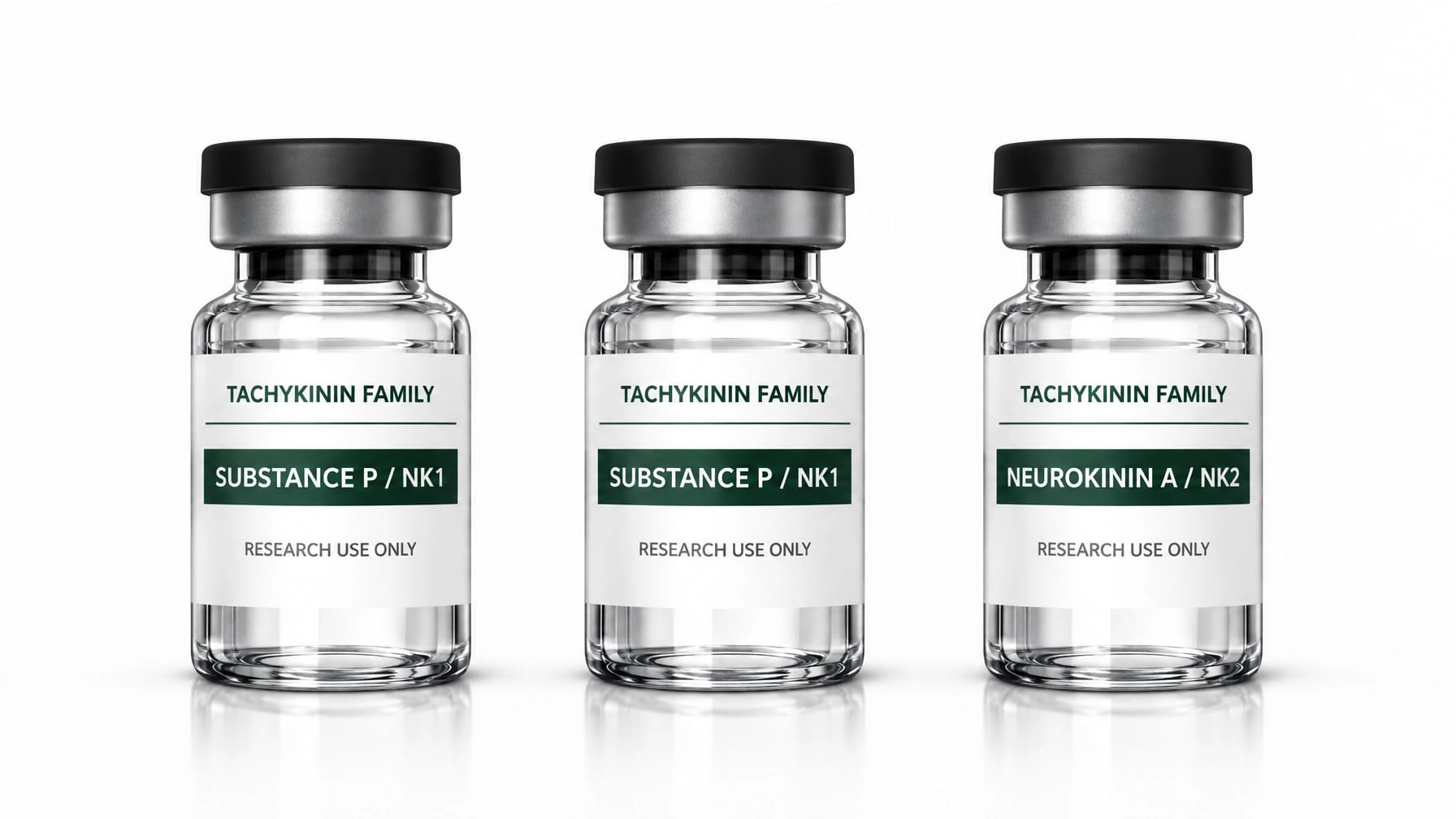 Conceptual tachykinin family research vials showing substance P and Neurokinin A receptor preferences