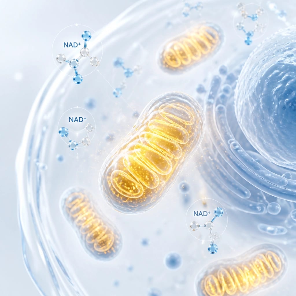 Abstract clinical visualization of a glowing mitochondrion, the powerhouse of the cell, optimized by 5-amino-1MQ research.