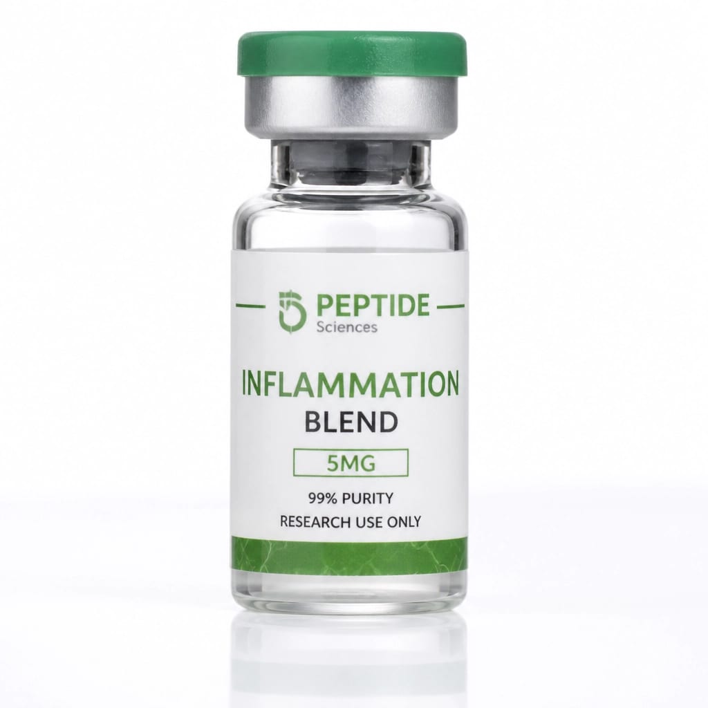 Close-up of a single Inflammation Blend peptide vial with clinical green branding