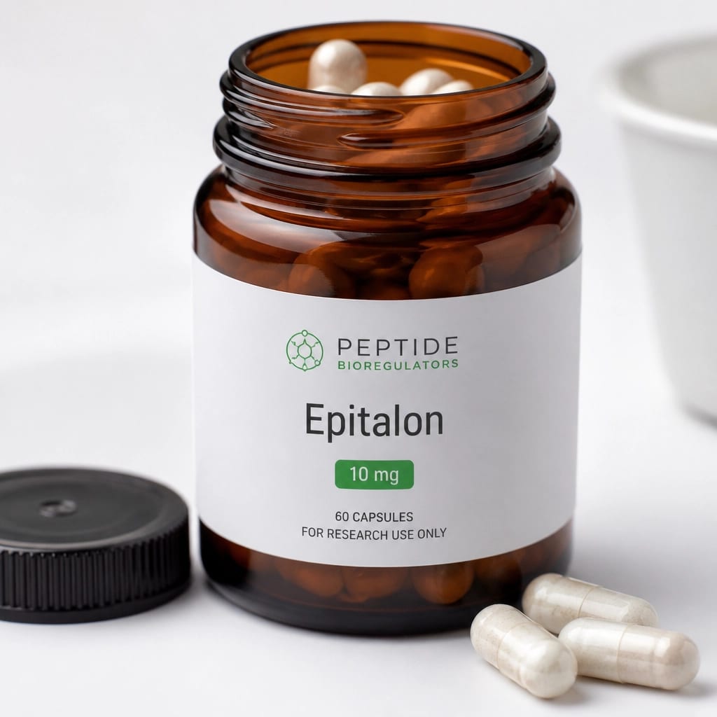 Macro close-up of pharmaceutical grade peptide bioregulator capsules in an amber glass jar
