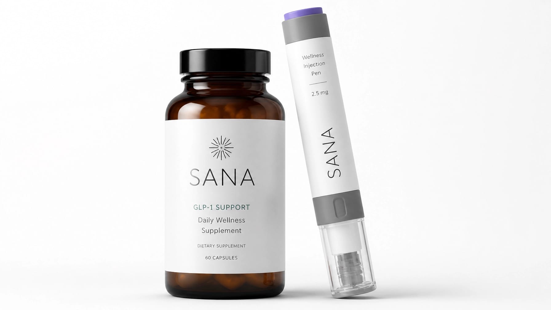 Professional product photography of a supplement bottle labeled SANA next to a modern wellness injection pen