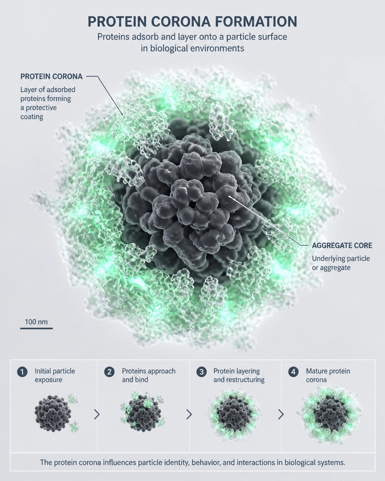 Realistic scientific visualization of a protein corona forming around a microscopic aggregate, representing neuroprotection