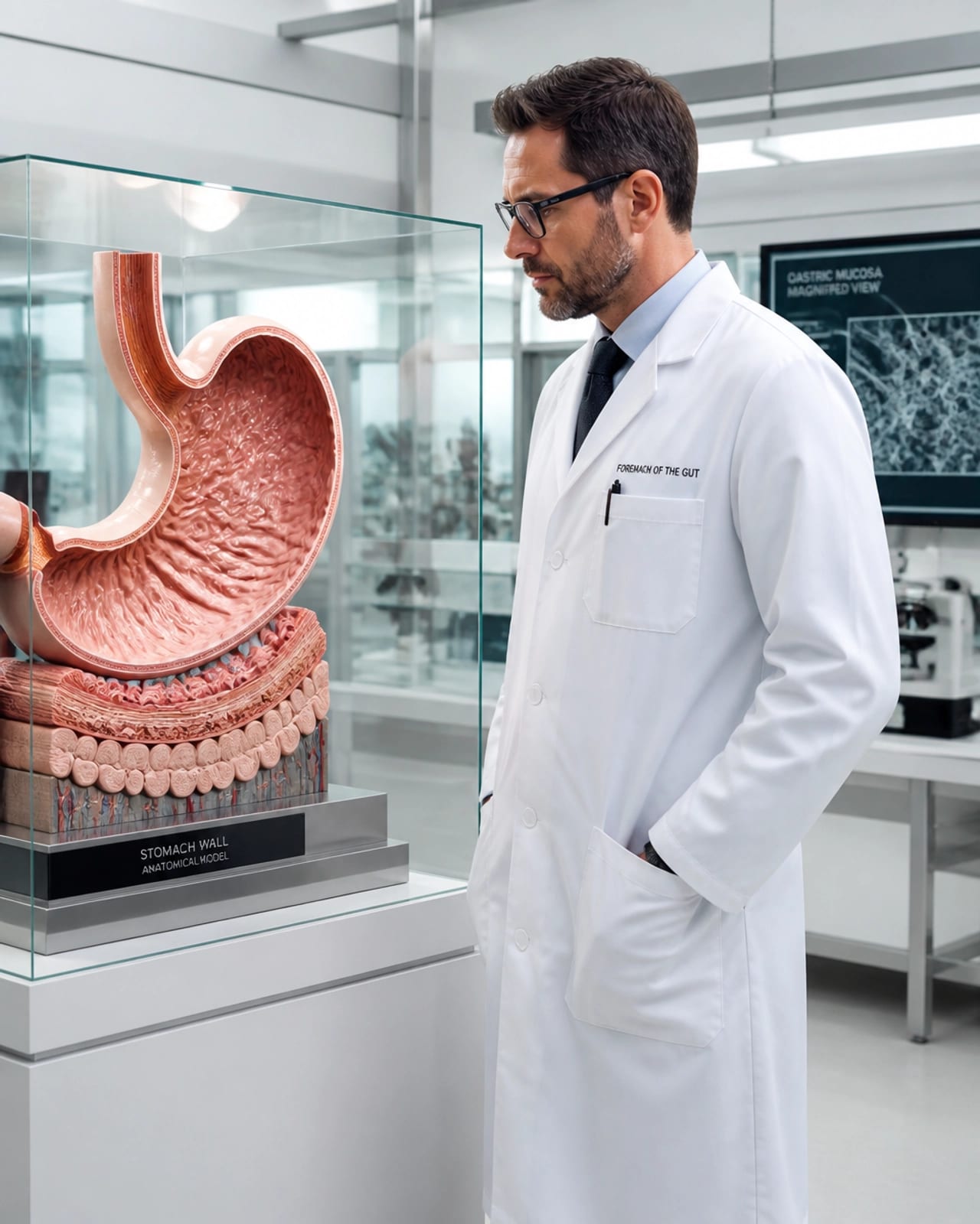 A professional foreman inspecting the stomach's structural integrity, a metaphor for Stamakort's role in gut health.