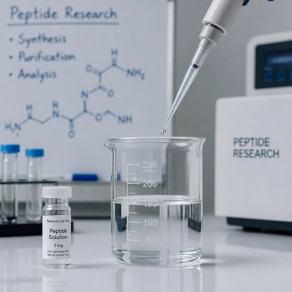 Scientific laboratory setting with a glass beaker and micropipette measuring clear research liquid