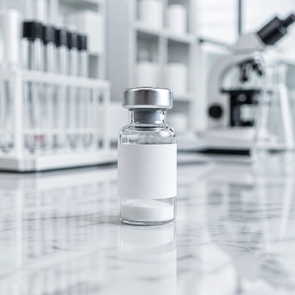 A clinical product shot of a Cardiogen peptide vial on a luxury marble surface