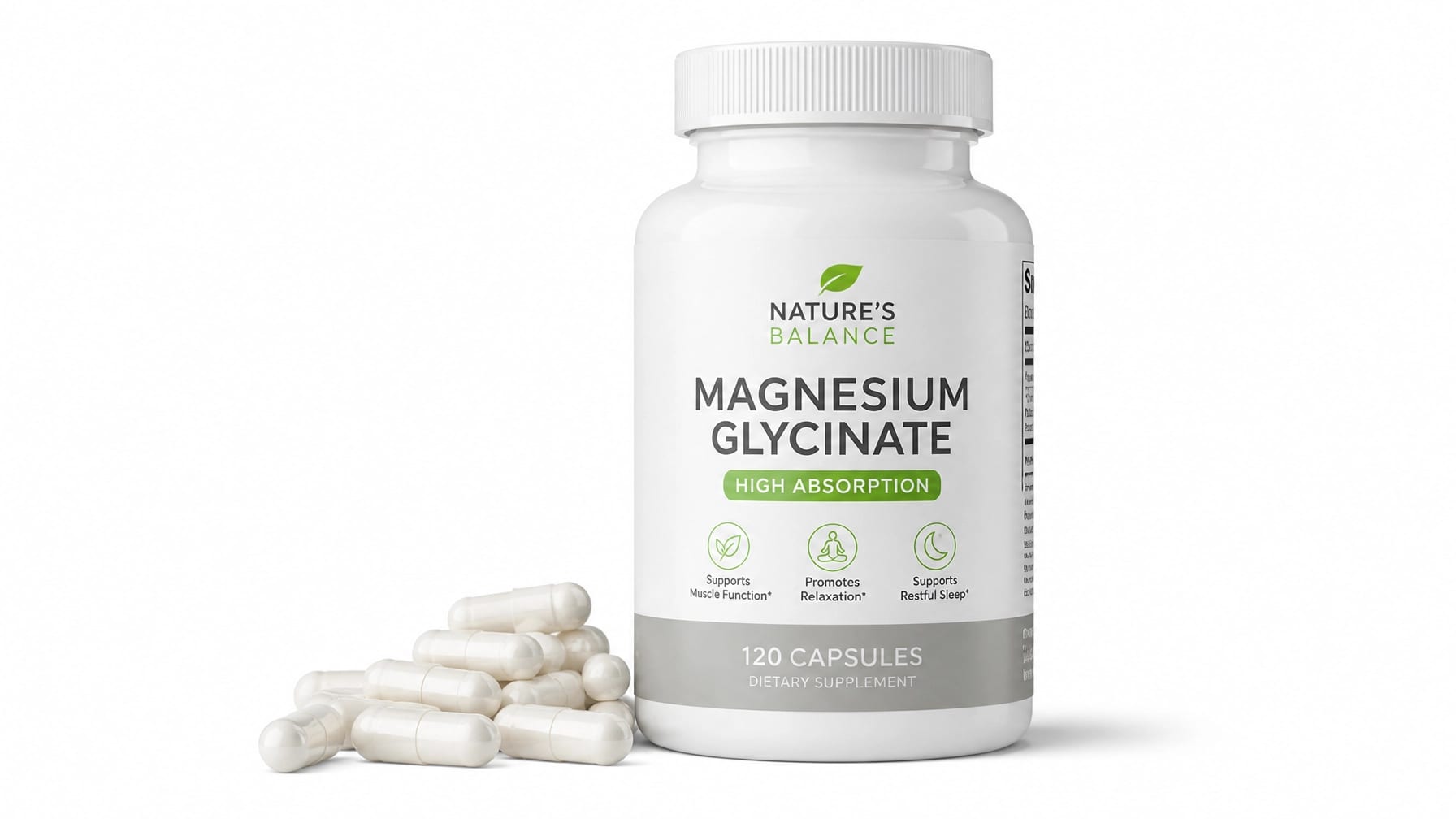 Supplement bottles and capsules on white background