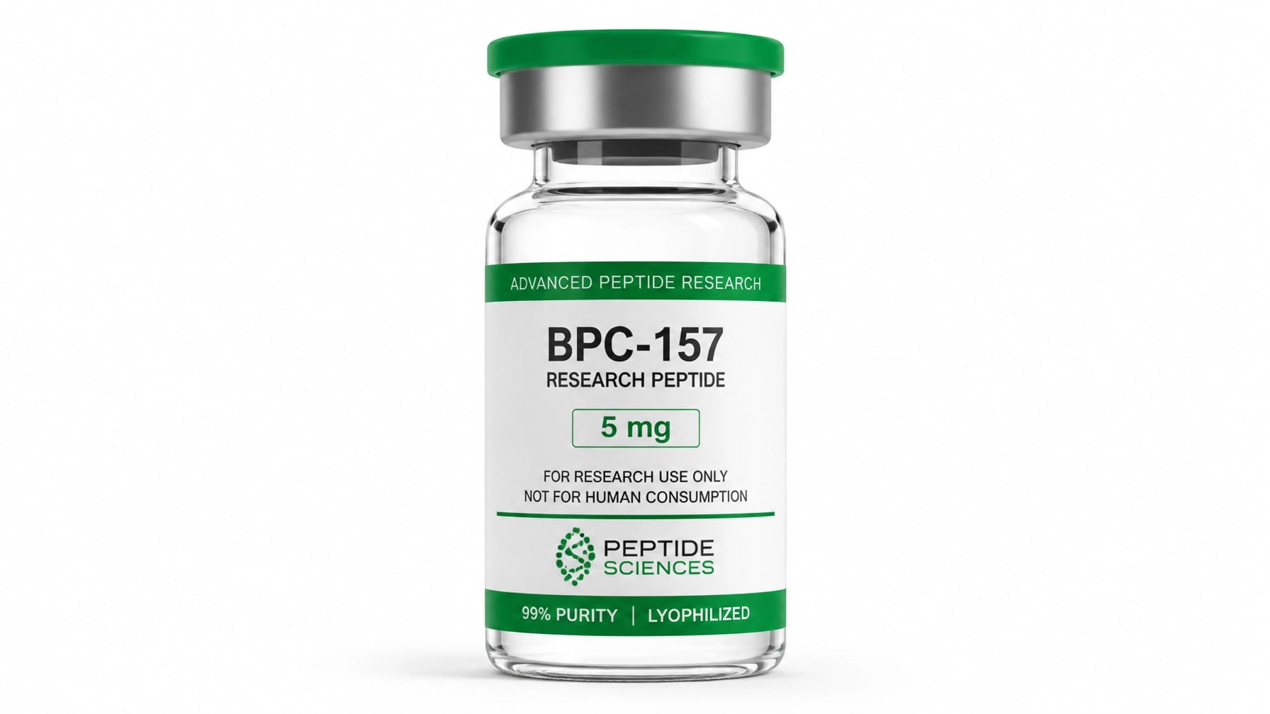 Pharmaceutical vial with green accent labels representing advanced peptide research