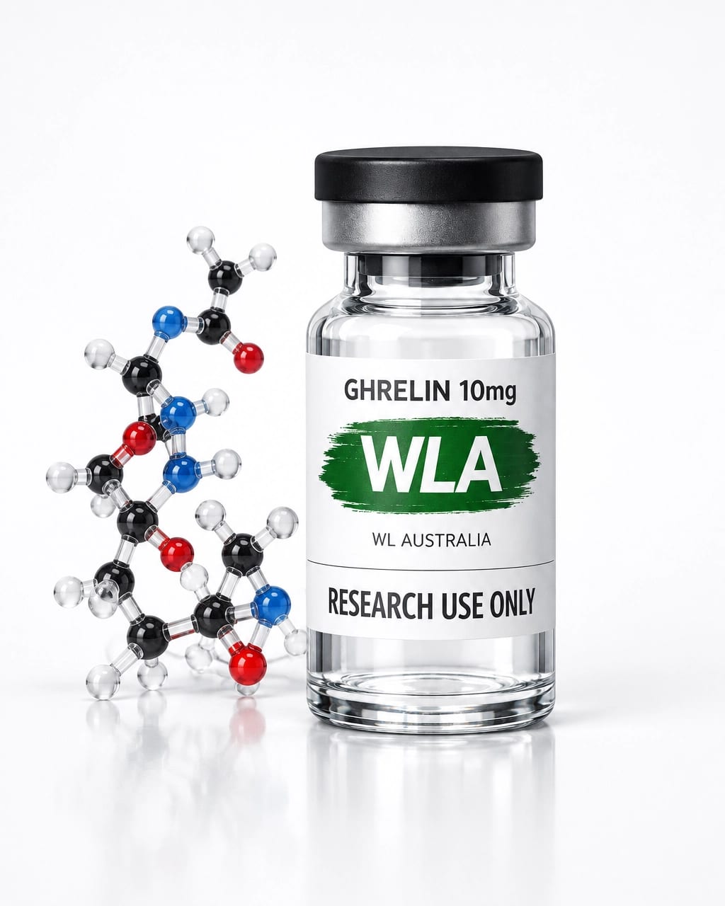 Ghrelin research vial with a clean molecular research presentation