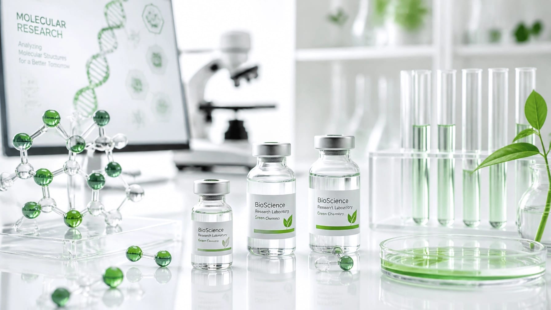 Scientific research laboratory setup showing molecular structure models and clean glass vials