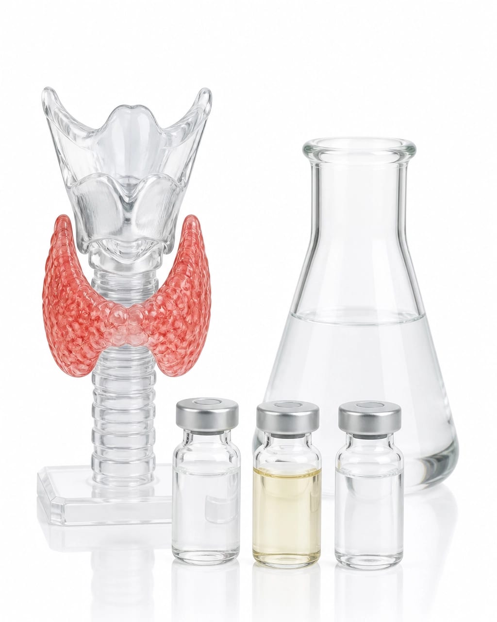 Thyroid model beside laboratory equipment on a white clinical surface