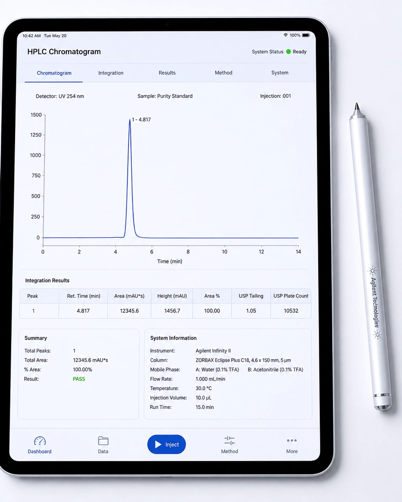 Digital tablet showing a professional HPLC chromatogram with high purity peaks
