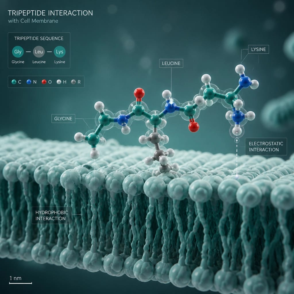 Microscopic 3D render of a tripeptide chain interacting with a cell