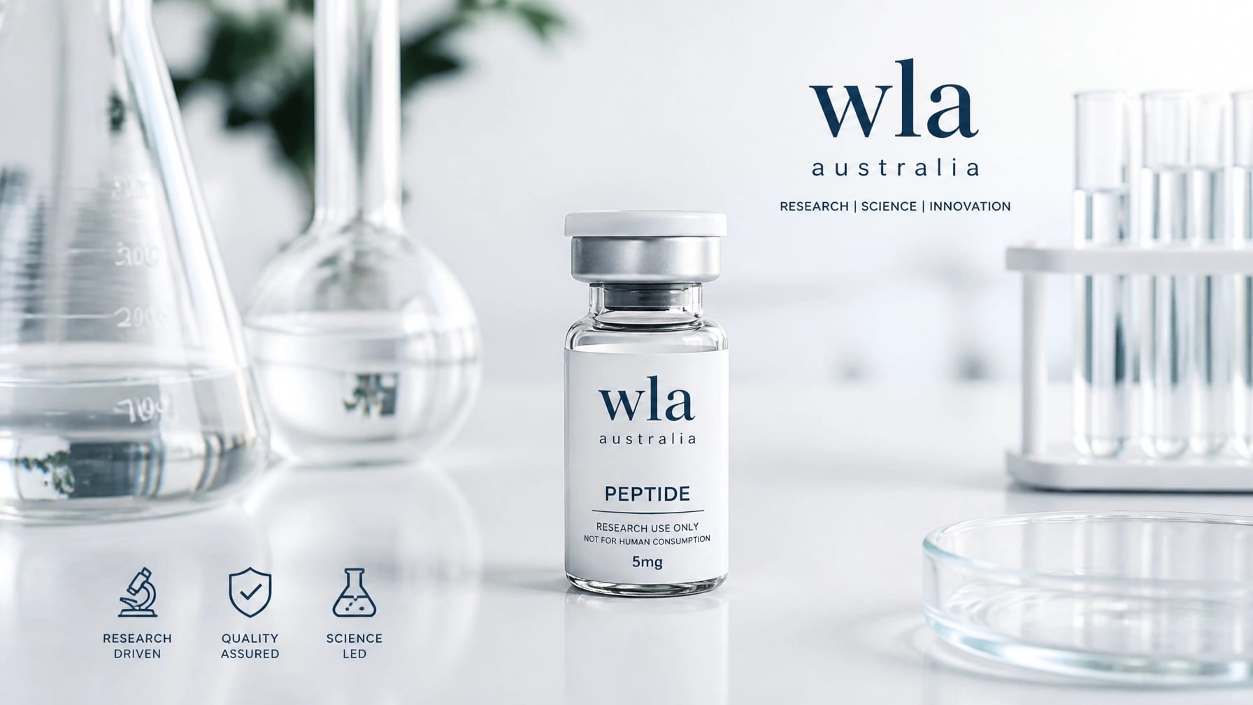 Clean minimalist laboratory setting with scientific glassware and a peptide vial representing thymic research
