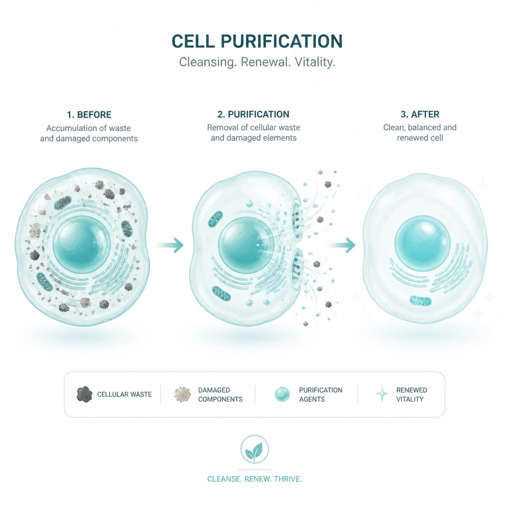 Minimalist scientific illustration of a biological cell undergoing a purification process