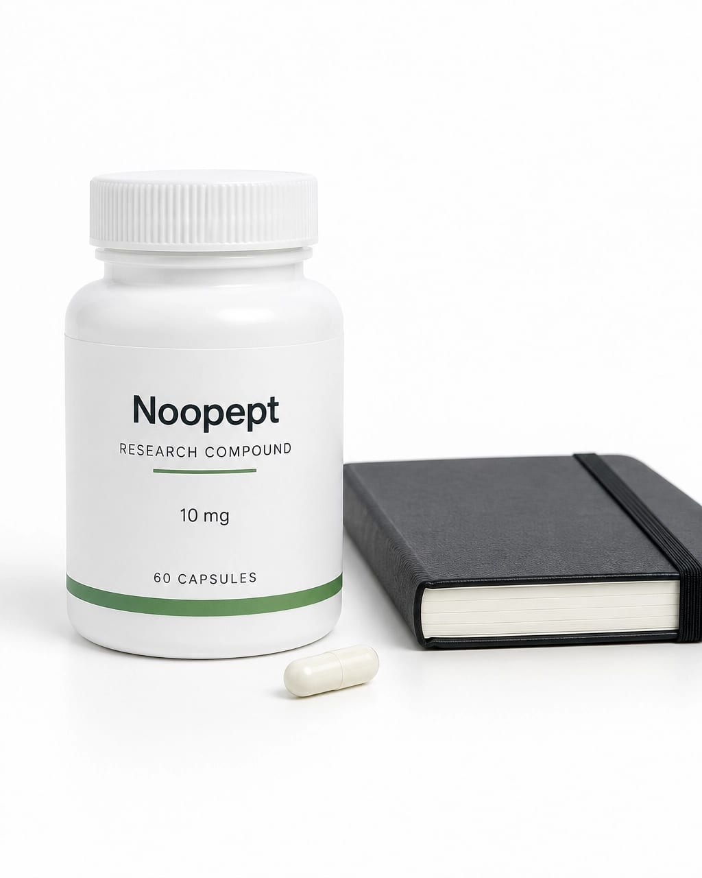 Noopept bottle beside a scientific notebook and capsule