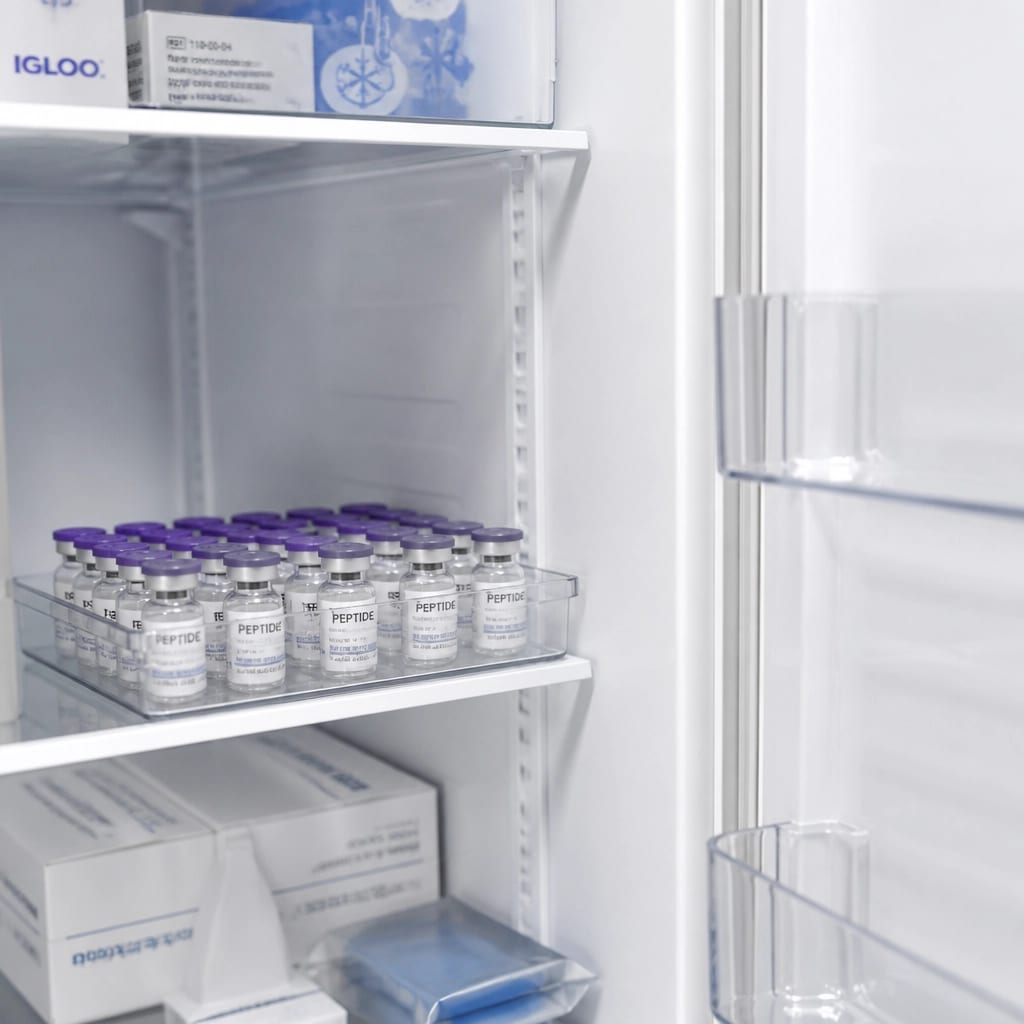 A medical refrigerator showing vials placed on the stable middle shelf