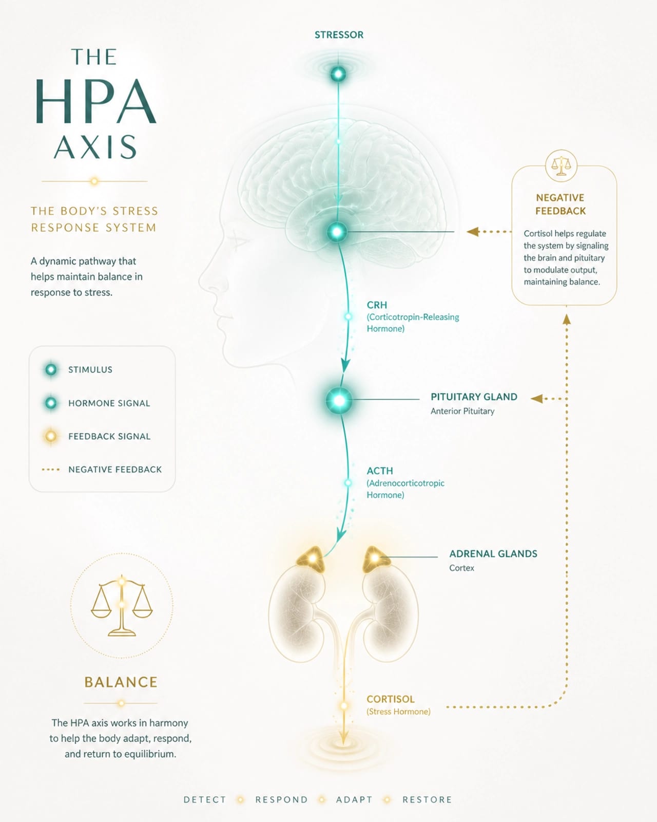 Conceptual illustration of the HPA axis in a minimalist scientific style with glowing nodes in teal and gold