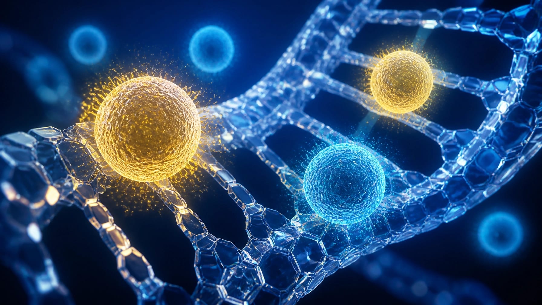 An abstract representation of the human immune system as glowing golden and blue microscopic T-cells navigating through a crystalline DNA structure.