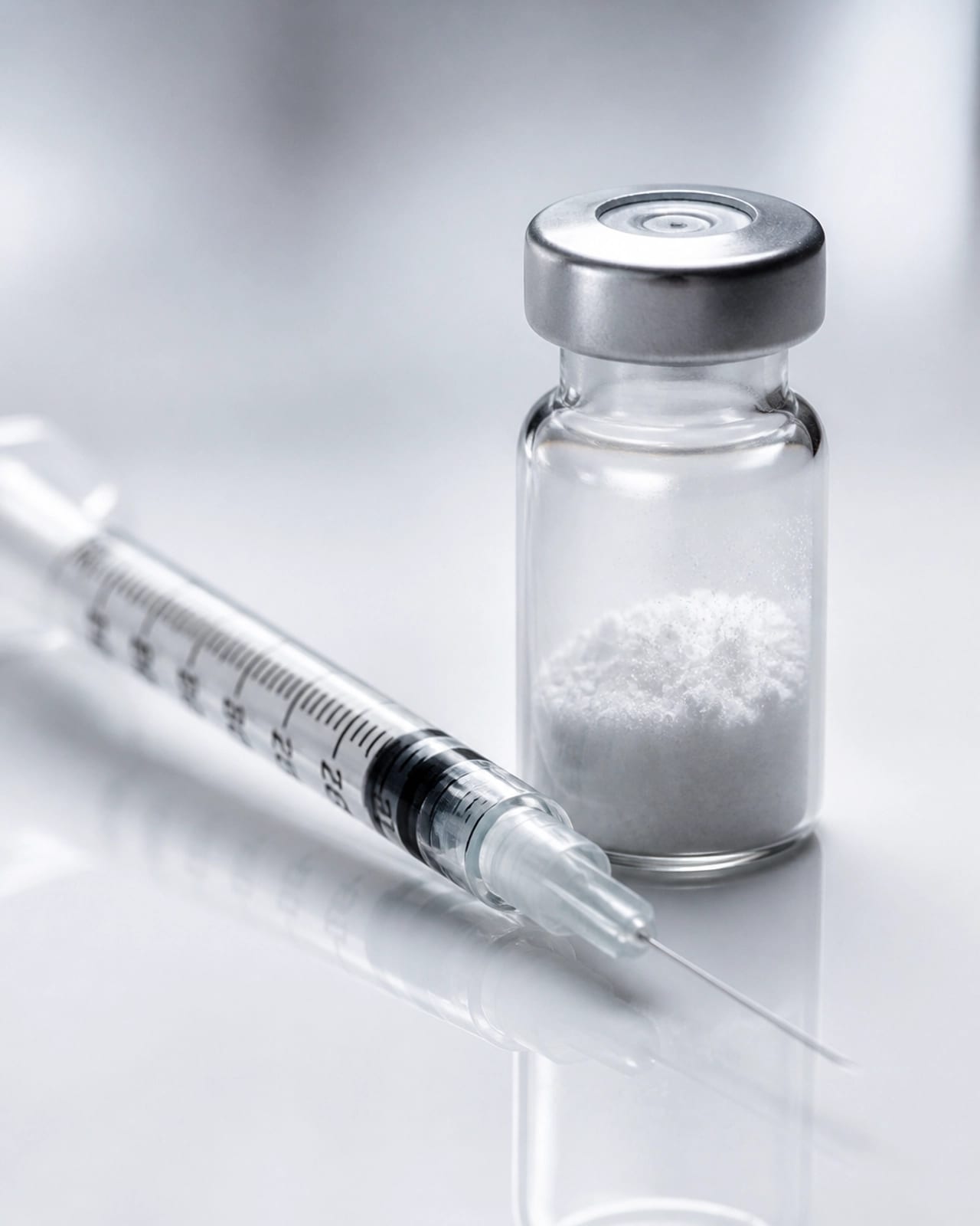 Sterile syringe and peptide vial in a professional lab setting