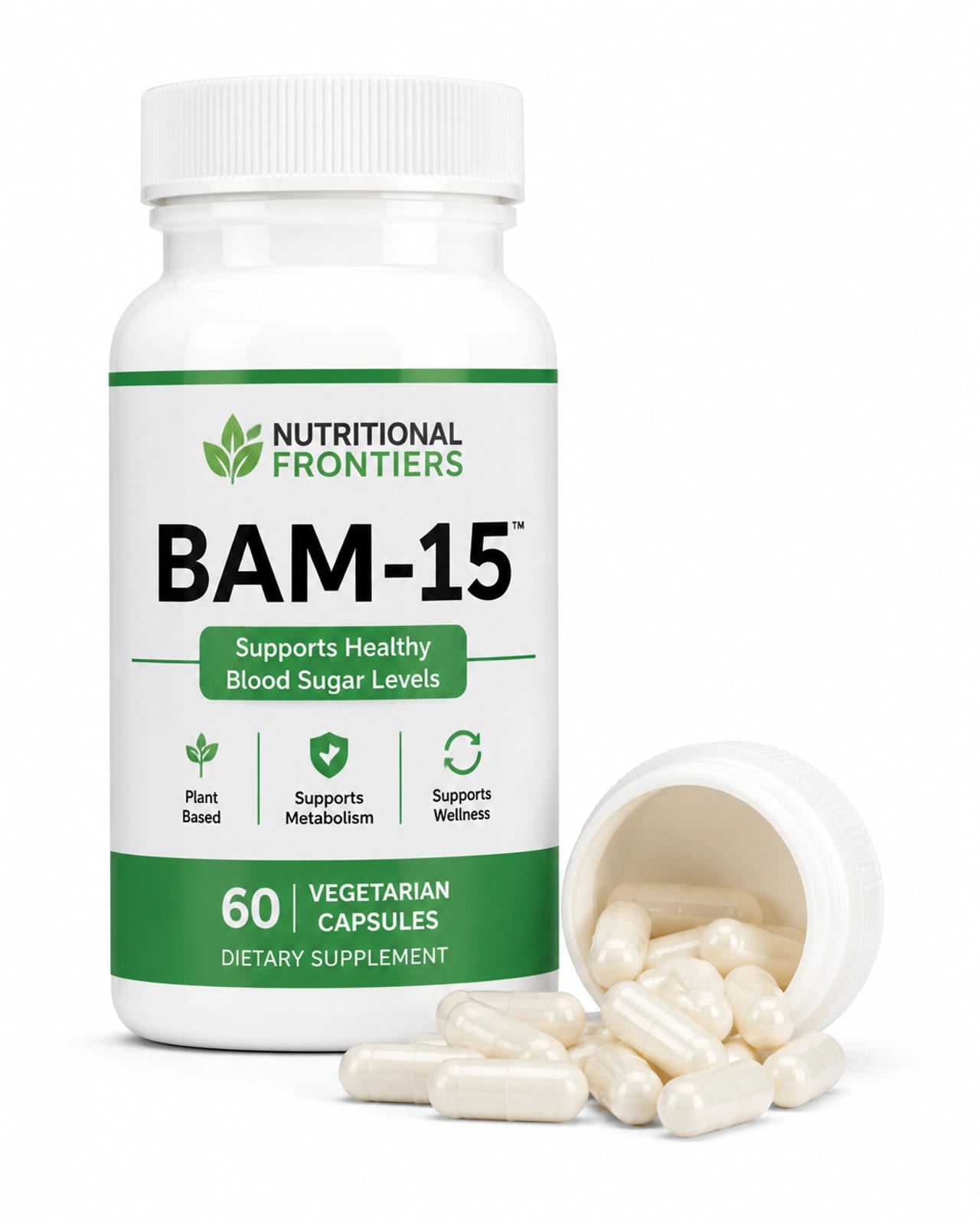 A bottle of BAM-15 with white capsules, representing the mitochondrial uncoupling process for increased energy expenditure.