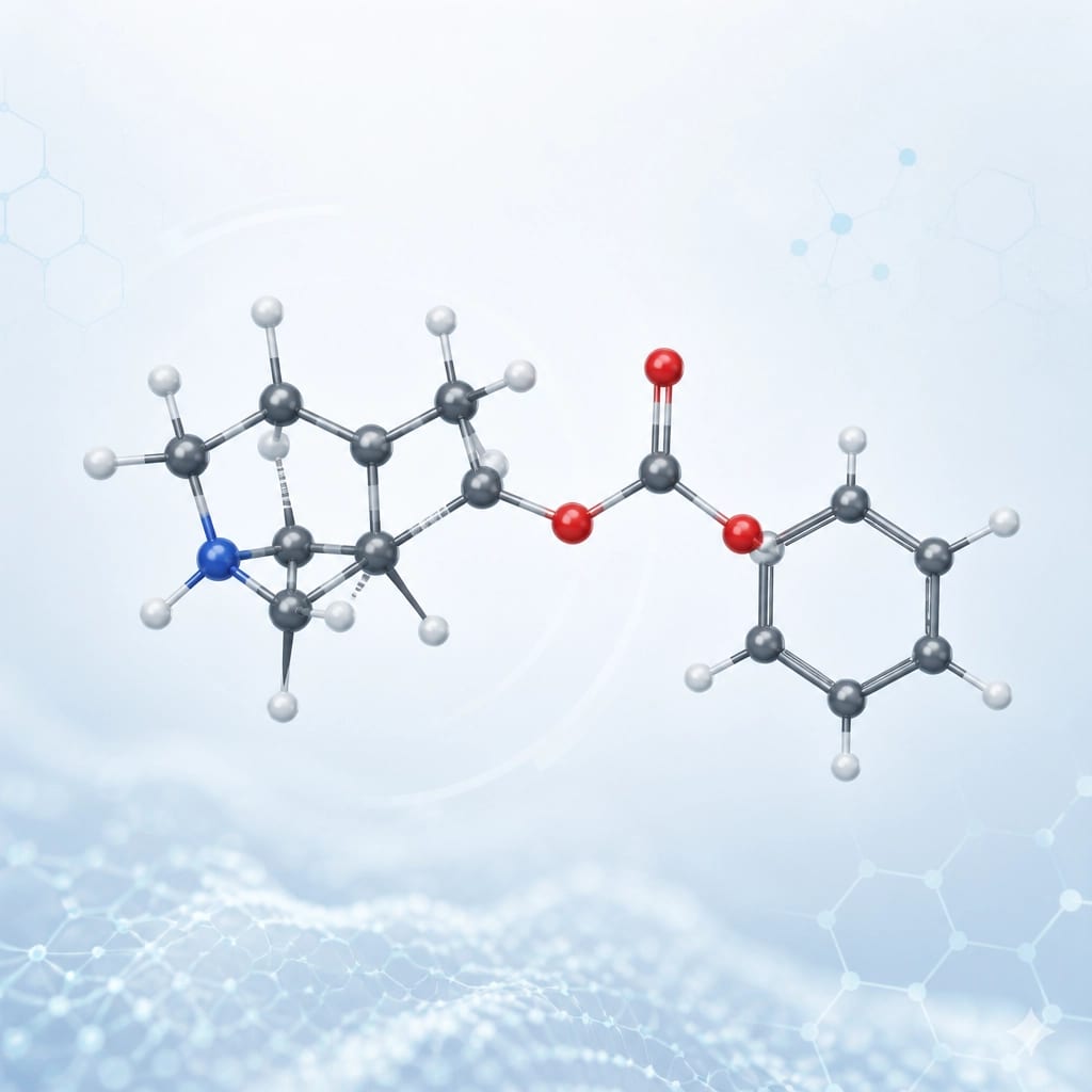 A clean, clinical infographic-style illustration showing a molecular structure with a prominent benzoate ester chain attached. The design is minimalistic with thin lines and soft blue and grey tones.