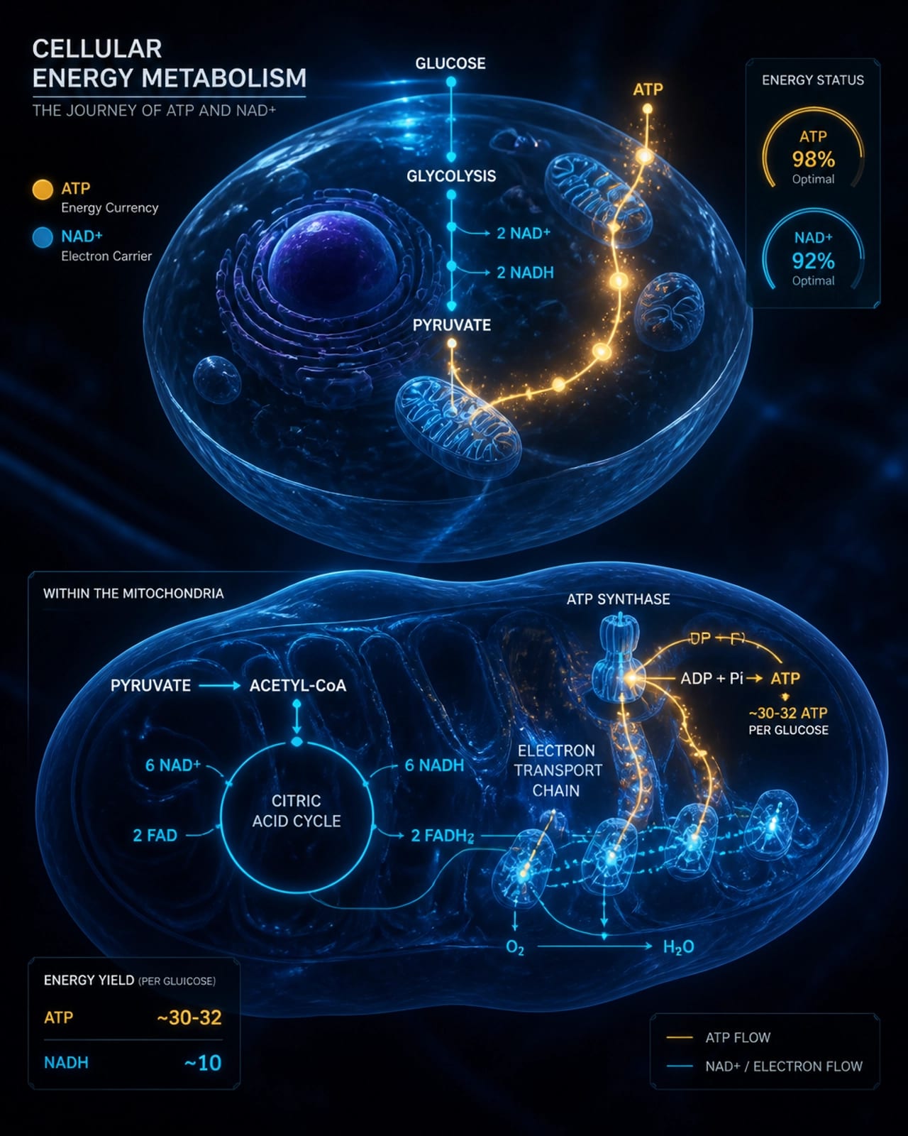 A high-tech digital visualization of a metabolic pathway showing energy flow through a cell.