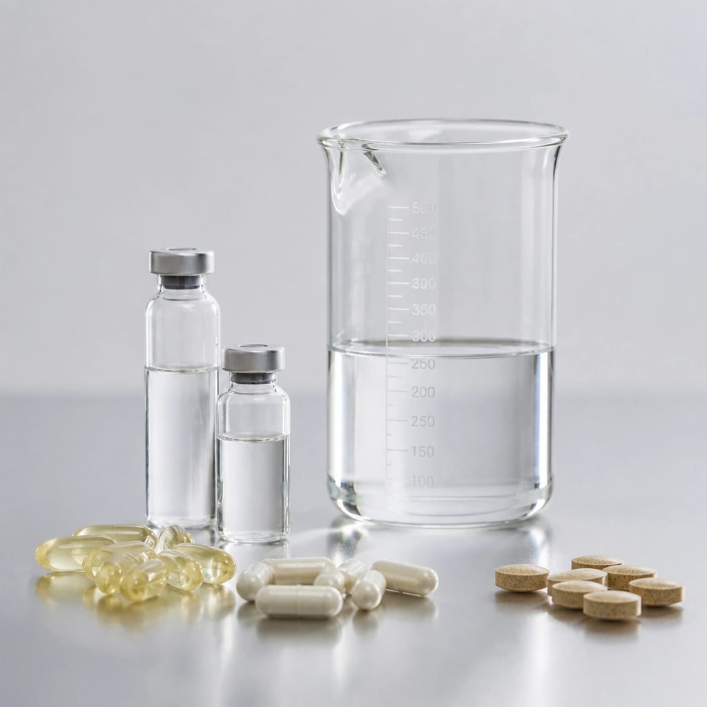 Realistic photography of a modern medical glass beaker and laboratory tools representing scientific optimization.