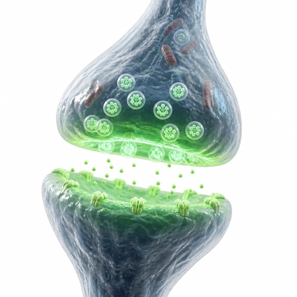 3D rendering of a synaptic connection showing neurotransmitter signaling