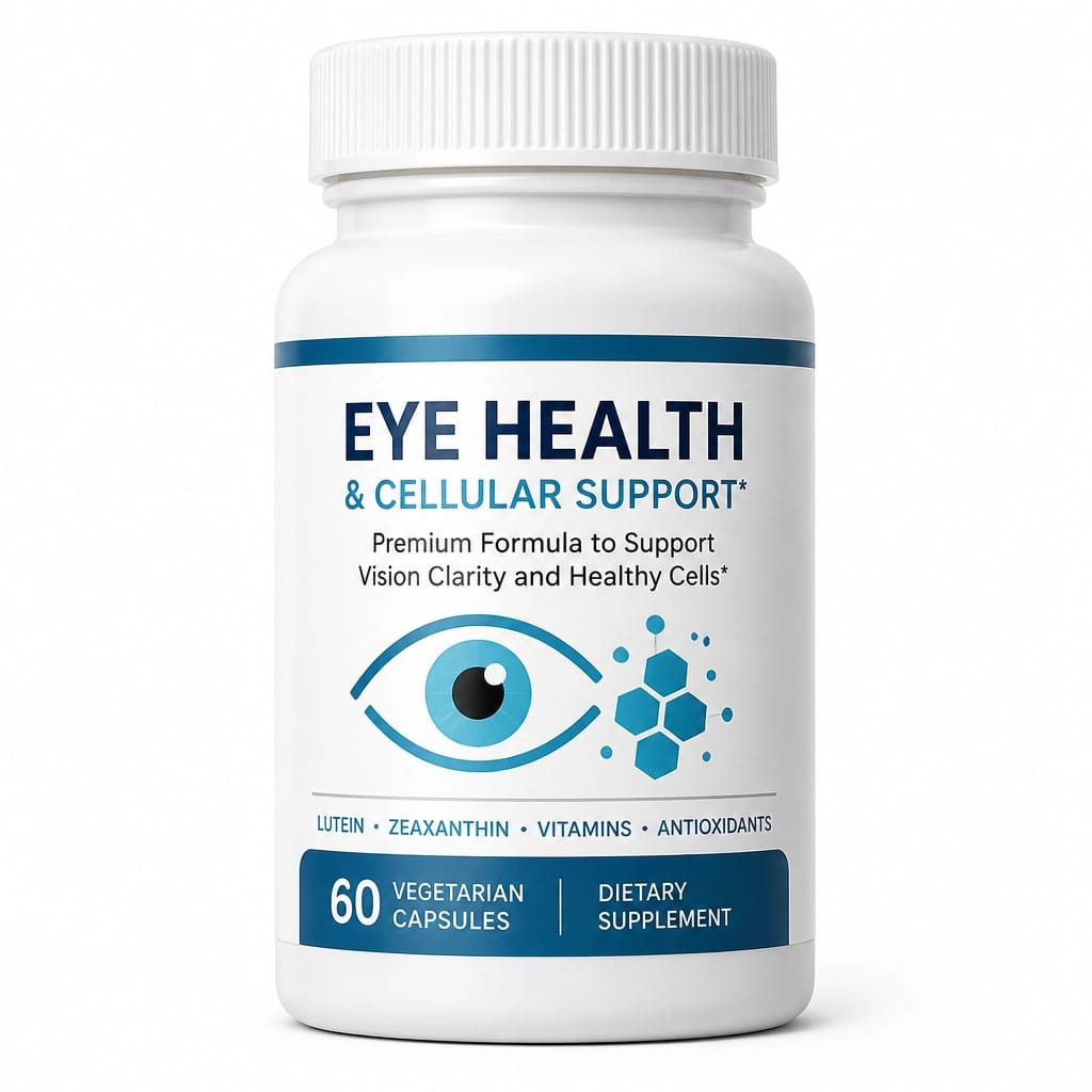 Close-up clinical photography of a supplement capsule bottle representing cellular vision support